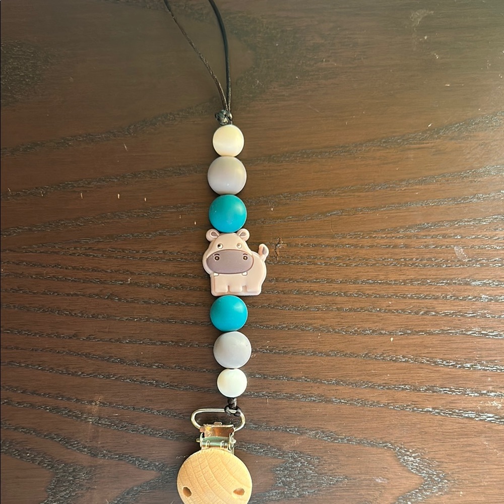 Hippo Beaded Pacifier Clip - Blue and Cream